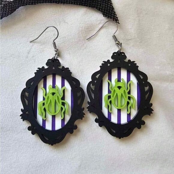 Beetle Earrings Vintage Inspired, Black, White, Green, Purple, Scroll de… - Picture 2 of 2